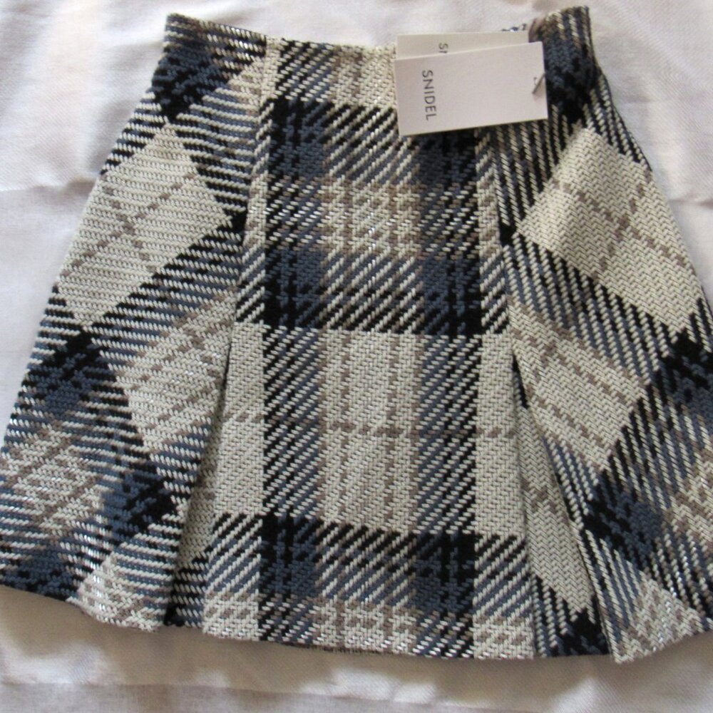 NWT Snidel Skirt 0 Small Plaid Pleated White/Blue Lined NEW